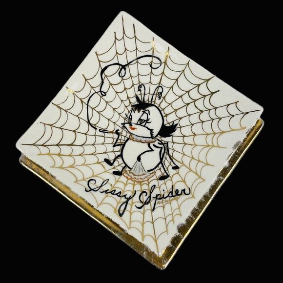 RARE Vintage 1950s Signed Spider Plates Halloween Smokey Sissy Kitschy Gold Trim - Picture 2 of 12